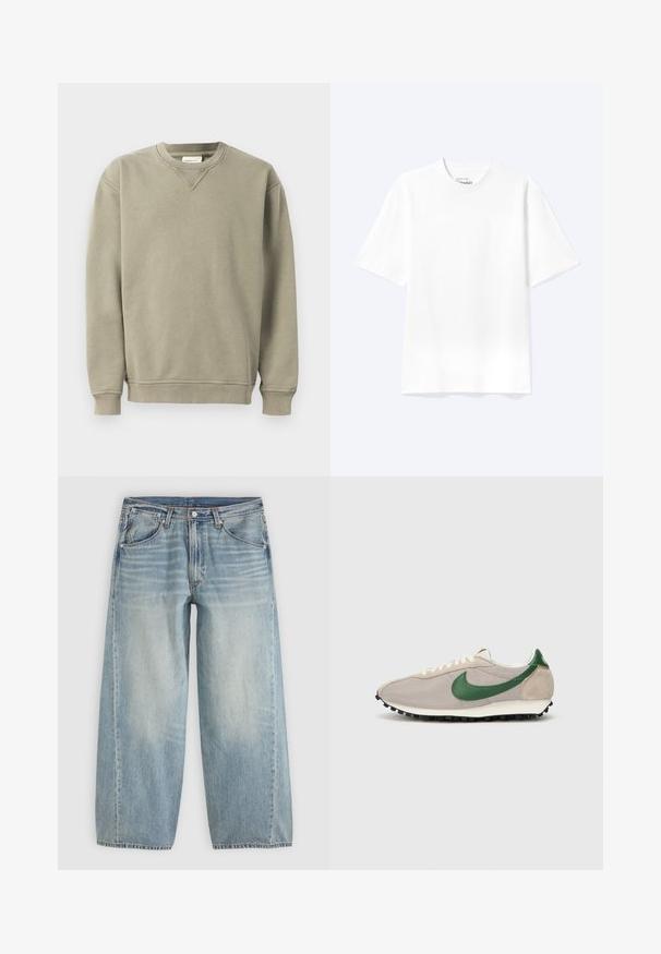 Sudadera color caqui hecha de una suave mezcla de algodón, con cuello redondo, puños acanalados y un corte holgado con sutiles detalles de costura.; Camiseta lisa blanca de manga corta y cuello redondo con un corte relajado, mostrada sobre un fondo claro.; Vaqueros de mezclilla azul claro de pierna ancha con bolsillos delanteros, presillas para cinturón, cierre con botones y sutil desgaste en los muslos sobre un fondo liso.; Zapatillas de correr beige con acentos de gamuza verde, parte superior de malla texturada, cordones crema y suela de goma negra con tacos de tracción.