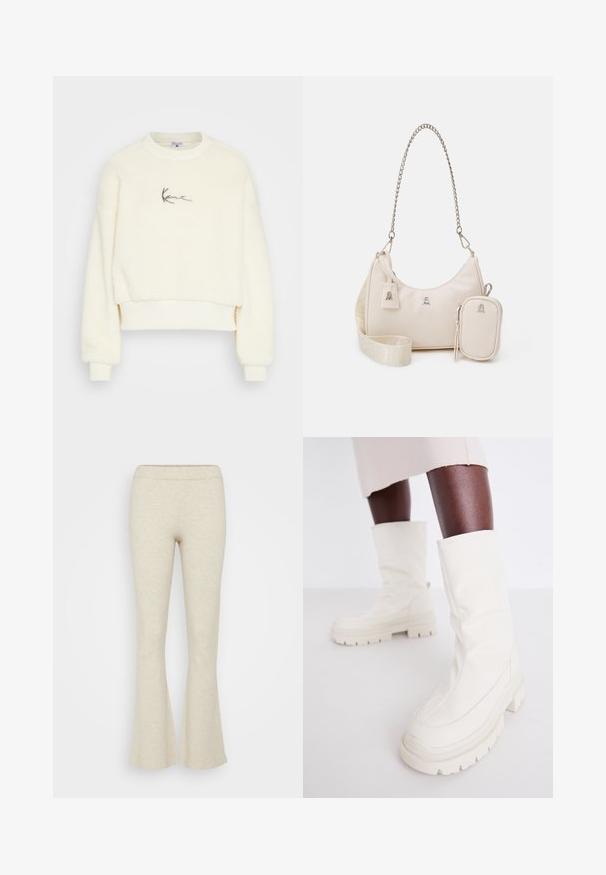 Sweat-shirt en crème, court et moelleux, avec des poignets et un ourlet côtelés. Il présente un simple logo noir en signature sur le devant, fabriqué à partir d'un matériau doux.; VILA VINULA PANTS - Pantalon de survêtement - super light natural melange; Bottines blanches à la cheville avec une finition douce et texturée, dotées d'une semelle en caoutchouc épaisse et d'une forme sculptée pour un design moderne.; Sac à main en cuir beige avec une forme courbée, une bandoulière en chaîne, quincaillerie en argent et une petite pochette amovible. Bandoulière texturée avec un motif de logo.