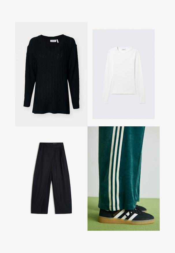 Sort strikket sweater med V-hals, ribbet tekstur og lange ærmer. Løs pasform med en smule længere bagtil. Brandlabel synlig.; Langærmet, enkel hvid T-shirt med rund halsudskæring og tætsiddende pasform, vist mod en lysegrå baggrund.; Sorte vidde bukser med diskrete nålestriber, front overlap detalje, sidelommer og en skjult lukning i linningen.; Grønne teksturerede bukser med hvide sidelince, parret med sorte Adidas sneakers med tre hvide striber og en gummisål.