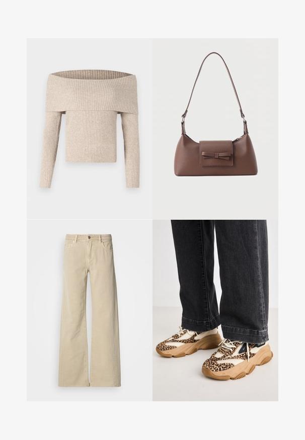 Beige ribstrikket off-shoulder langærmet sweater med bred foldet halsudskæring og tætsiddende silhuet.; Beige højtaljede bukser med vide ben, forrest med knap, lynlås, bæltestropper og stil med fem lommer.; Sneakers med leopardprint og mesh- og læderpaneler, tan-gummisål og kontrasterende sorte accenter. Båret med løstsiddende mørke jeans.; Brun skuldertaske i læder med en frontlomme med klap, der har en sydd sløjfedetalje, og en justerbar rem.