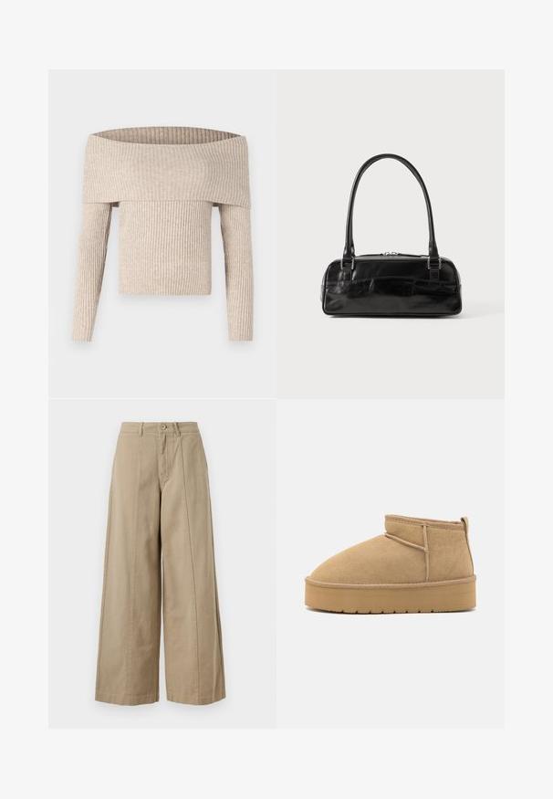Beige ribstrikket off-shoulder langærmet sweater med bred foldet halsudskæring og tætsiddende silhuet.; Beige brede bukser lavet af robust bomuld, med knaplukning, bæltestropper og rene frontindlæg uden synlige lommer.; Beige suede ankelstøvler med rund tå, minimale syninger og en lysebrun gummisål med et tekstureret mønster.; Sort læderhåndtaske med rektangulær form, der har et enkelt struktureret håndtag, sølvhardware og lynlås-lukning. Glat tekstur.