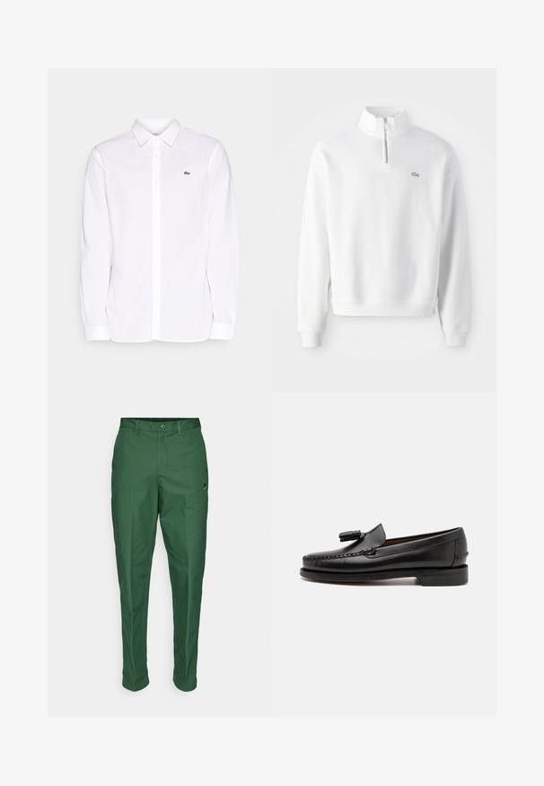 Sudadera blanca con cuello de media cremallera, mangas largas y puños acanalados. Presenta un pequeño logotipo en el pecho y un diseño de corte relajado.; Camisa blanca de manga larga hecha de algodón, que presenta un collar tipo button-down, un logo bordado verde en el lado izquierdo del pecho y puños rectos.; Pantalones verdes confeccionados en una tela suave, con un corte estándar, frente plano y un pequeño logotipo en la parte cerca de la cintura.; Mocasines de cuero negro con costuras de mocasín, punta redonda y acento de borlas. Tacón plano con una textura suave, diseñados para uso casual.