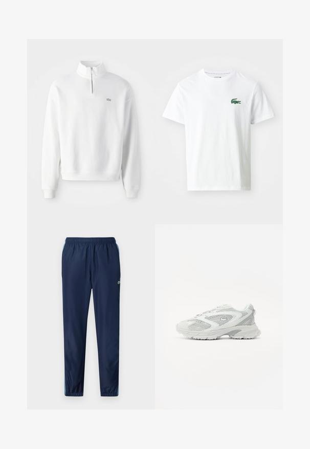 Sweatshirt blanc avec col zippé à mi-hauteur, manches longues et poignets côtelés. Présente un petit logo sur la poitrine et un design à coupe décontractée.; Lacoste T-shirt imprimé - white/green; Pantalons de sport bleu marine avec une taille élastique, des jambes fuselées et des accents bleu clair sur les côtés ; fabriqués à partir d'un matériau léger et lisse.; Baskets blanches avec des détails en maille, une semelle texturée et des accents lisses. Possède un bout arrondi et un col rembourré pour le confort.