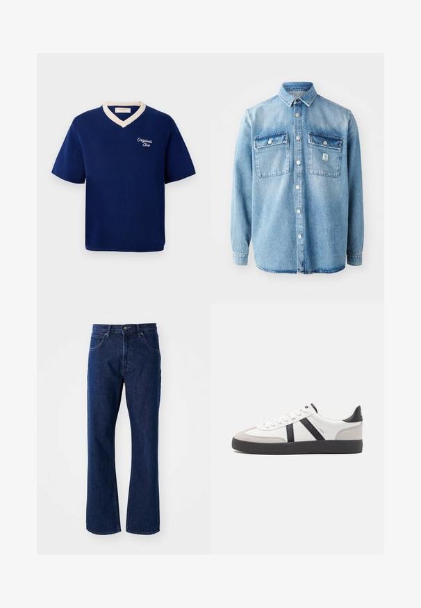 Marineblaues kurzärmeliges Strickshirt mit cremefarbener V-Ausschnitt-Bordüre und "Originals Club"-Stickerei auf der linken Brust.; Hellblaues Denimhemd mit langen Ärmeln, Punktkragen, zwei Brusttaschen und Knopfverschluss vorne. Verfügt über eine dezente Stofftextur und Nähdetails.; Dunkelblaue gerade geschnittene Jeans mit Knopf- und Reißverschluss, Gürtelschlaufen und Fronttaschen vor einem schlichten Hintergrund.; Weiße Sneaker mit schwarz- und grau-aczenten, ausgestattet mit einer strukturierten grauen Zehenkappe, schwarzer Gummi-Sohle und flachen weißen Schnürsenkeln. Sauberes Design, minimalistische Stil.