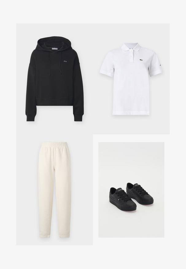 Sudadera negra con capucha tipo pulóver, bolsillo frontal, capucha con cordón, puños acanalados y pequeño logo bordado en el pecho.; Camiseta polo blanca de manga corta con dos botones, un pequeño logotipo verde de cocodrilo en el pecho izquierdo y un sutil logotipo negro en la manga izquierda.; Pantalones de chándal de color crema hechos de una tela suave. Cuentan con una cinturilla elástica y un diseño de perneras ajustadas con detalles de costura sutiles.; Zapatillas bajas negras de material suave, con cordones gruesos, una suela texturizada y un pequeño logo en el lateral y la lengüeta.