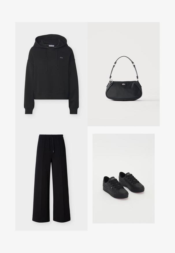 Sudadera negra con capucha tipo pulóver, bolsillo frontal, capucha con cordón, puños acanalados y pequeño logo bordado en el pecho.; Pantalones negros de pierna ancha hechos de tela suave, con una cintura elástica con cordón y costuras laterales para un ajuste relajado.; Zapatillas bajas negras de material suave, con cordones gruesos, una suela texturizada y un pequeño logo en el lateral y la lengüeta.; Bolso de hombro negro con correa ajustable, cierre de cremallera y pequeño logo plateado de cocodrilo en el centro delantero.