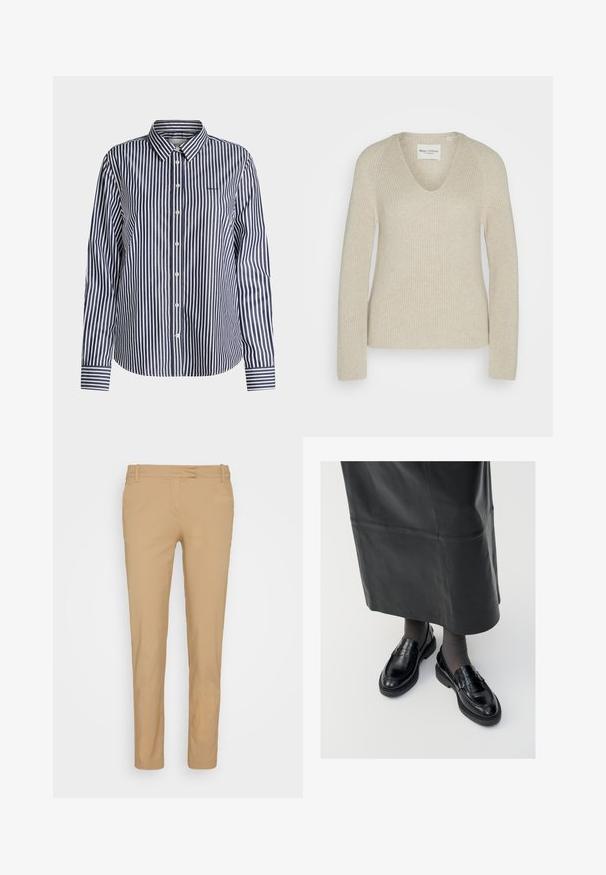 Pull en tricot beige avec un col en V, des manches longues et une coupe décontractée, présenté avec un tissu texturé et des détails de côtes subtils.; Chemise à manches longues boutonnée avec des rayures verticales bleu marine et blanches et un col classique, présentée sur un fond uni.; Chinos beiges en tissu léger, avec une coupe slim, une taille standard, des passants de ceinture et des poches avant. Texture lisse.; Mocassins en cuir noir avec une finition lisse, ornés d'une bande décorative, à bout rond et avec une semelle texturée. Portés avec une longue jupe en cuir noir.