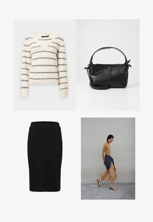 Creme strikket sweater med grå vandrette striber, V-udskæring, lange ærmer og ribkantede ærmer for tekstur og pasform.; Sort knælang pencilskørt med en tætsiddende linning og glat stof, vist mod en hvid baggrund.; Kvinde iført en lang beige kjole og sorte sandaler med en mørk trøje bundet omkring taljen foran en lukket rullegardin.; Sort læderhåndtaske med et struktureret design, rund tophåndtag og aftagelig skulderrem. Den har en glat tekstur og en subtil glans.
