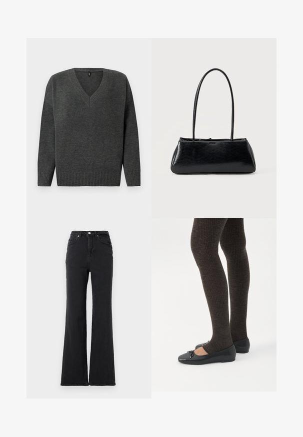 Grå strikket sweater med V-hals, ribbede manchetter og kant. Har en blød tekstur og en afslappet pasform, velegnet til lagdeling i køligere vejr.; Sorte højtaljede denimjeans med flagrende ben, frontknap og fem-lommet design mod en helt hvid baggrund.; Ben iført mørke ribbede leggings kombineret med sorte balletsko med små sløjfedetaljer på hvid baggrund.; Sort rektangulær skuldertaske med lange tynde stropper og en glat, blank tekstur på en ensfarvet baggrund.