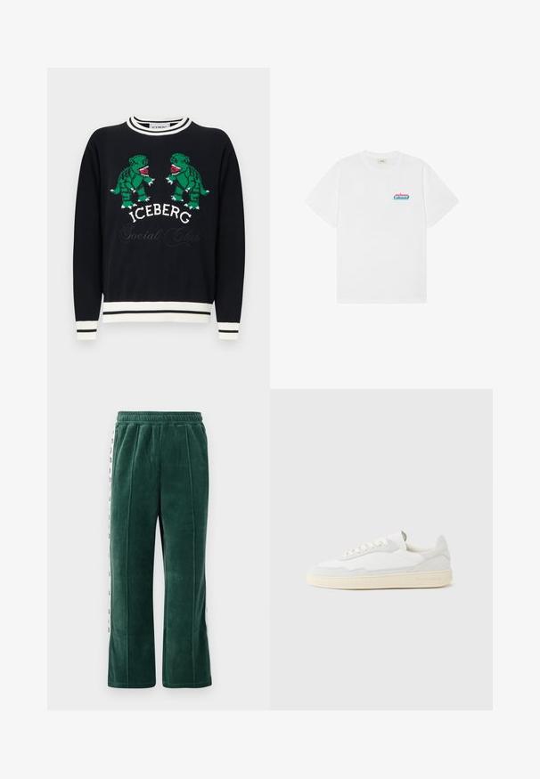 Suéter negro con ribete blanco que presenta dos dinosaurios verdes enfrentados sobre el texto "ICEBERG Social Club" en el pecho.; Camiseta blanca de manga corta con cuello redondo y pequeño logo "prince" en rosa y azul en la parte superior izquierda del pecho.; Pantalones de chándal de terciopelo verde oscuro con cinturilla elástica, que cuentan con costuras verticales y paneles laterales blancos con texto negro. Corte recto.; Zapatilla blanca con parte superior texturizada de ante y cuero. Presenta una puntera redondeada, cierre con cordones y suela de goma beige contrastante.