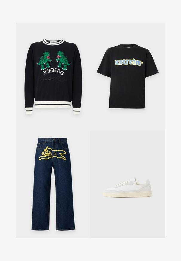 Sort sweater med hvid kant, der har to grønne dinosaurer, som vender mod hinanden over teksten "ICEBERG Social Club" på brystet.; Sort t-shirt med korte ærmer med et stort gult og blåt "icecream"-motiv med en skøjtefigur. Blødt, glat stof; afslappet pasform.; Mørkeblå denim jeans med et stort gult grafisk motiv af en springende karakter på baglommen. Lige ben design med standard syninger.; Hvid sneakers med en øvre del i tekstureret ruskind og læder. Har rundet tå, snørelukning og kontrasterende beige gummisål.
