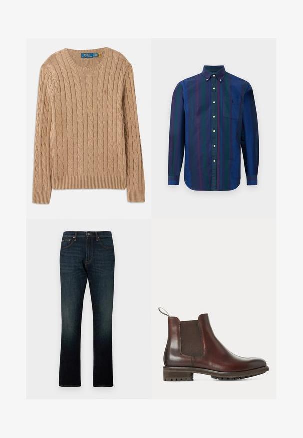 Beige strikket sweater med kabelmønster, rund halsudskæring, ribbede manchetter og kant. Har mærkets label på indersiden af halsen.; Knap-up skjorte med lodrette striber i mørkeblå, grøn og maroon. Fremstillet af stof med en glat tekstur og en brystlomme.; Mørkeblå straight-leg denim jeans med fem lommer og orange syninger, vist fladt på en hvid baggrund.; Brun læder Chelsea-støvle med elastisk sidepanel, træksløjfe ved hælen og chunky gummisål med slidbaner.