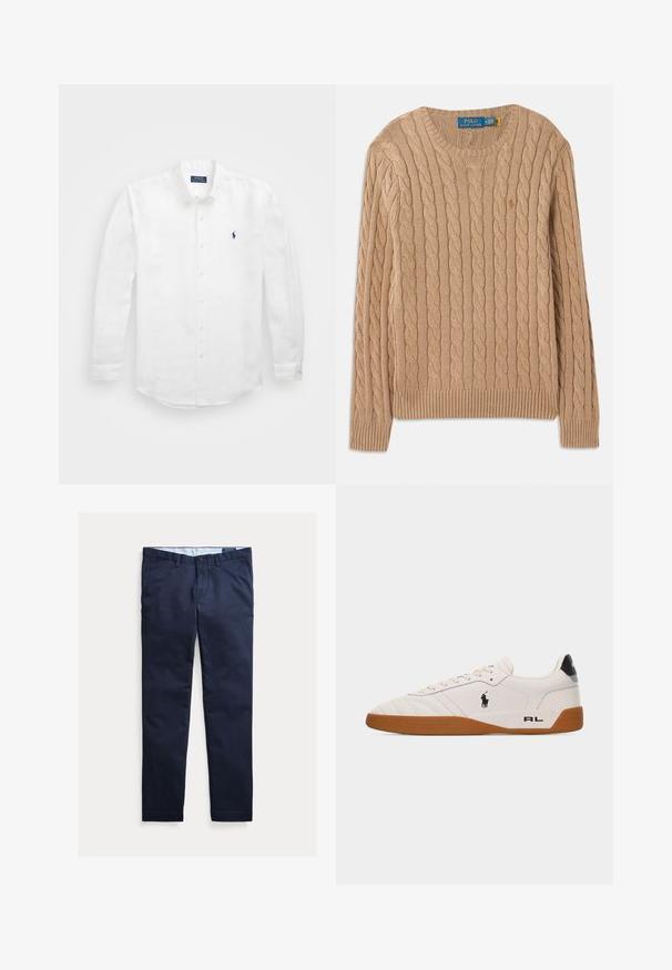 Beige gebreide trui met kabelpatroon, ronde halslijn, geribbelde manchetten en zoom. Bevat het merkembleem aan de binnenkant van de hals.; Witte lange mouwen shirt van katoen met een button-down kraag, voorzien van een klein marineblauw logo op de linkerborst en klassieke knoopsluiting.; Marineblauwe slim-fit herenchino's met riemlussen, voorste knoop en zakken, plat weergegeven op een witte achtergrond.; Witte lage sneaker met een bruine rubberen zool, zwart Polo Ralph Lauren-logo aan de zijkant en de tekst "RL" op het hielgedeelte.