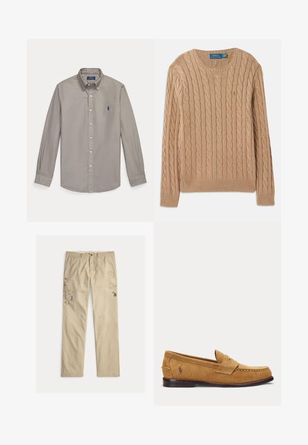 Beige gebreide trui met kabelpatroon, ronde halslijn, geribbelde manchetten en zoom. Bevat het merkembleem aan de binnenkant van de hals.; Lichtgrijs overhemd met lange mouwen, knopen, kraag en blauw Polo Ralph Lauren geborduurd logo op de linkerborst.; Beige katoenen broek met geborduurde afbeeldingen, waaronder bomen en bergen, voorzien van een knoopsluiting en riemlussen.; Tan suède loafer met gestikte details en een klein geborduurd paardenlogo aan de zijkant, met een lage houten hak en instapmodel.