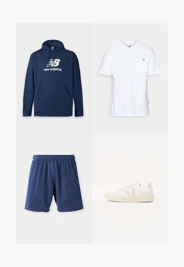 Dunkelblauer Hoodie mit Fronttasche und weißem New Balance-Logo und Text auf der Brust, mit verstellbarem Kordelzug an der Kapuze.; Weißes Baumwoll-T-Shirt mit Rundhalsausschnitt, kurzen Ärmeln und einer Brusttasche, die auf der linken Seite ein kleines Markenlogo aufweist.; Marineblaue Shorts aus weichstem Baumwollmix, mit einem elastischen Bund, seitlichen Taschen und geradem Schnitt. Ideal für Freizeitmode.; Weißer Sneaker mit beigen Akzenten, ausgestattet mit einem strukturierten Obermaterial, runder Zehenpartie und einer dicken Gummisohle. Das Design umfasst das ikonische V-Logo und Branding.