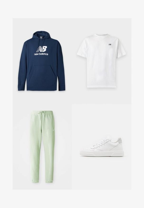 Námornícky modrá mikina s kapucňou s predným vreckom a bielym logom a textom New Balance na hrudi, vybavená nastaviteľnou šnúrkou na kapucni.; Biele tričko s krátkym rukávom a okrúhlym výstrihom s malým čiernym logom New Balance v hornej ľavej časti hrudníka na jednofarebnom svetlom pozadí.; Svetlozelené tepláky vyrobené z mäkkého bavlneného materiálu, s elastickým pásom na šnúrku a zúženými nohavicami, dokončené sťahovacími manžetami.; Biele kožené tenisky s hladkým povrchom, zaoblenou špičkou, plochými šnúrkami a textúrovanou podrážkou. Sivý semišový akcent na päte.