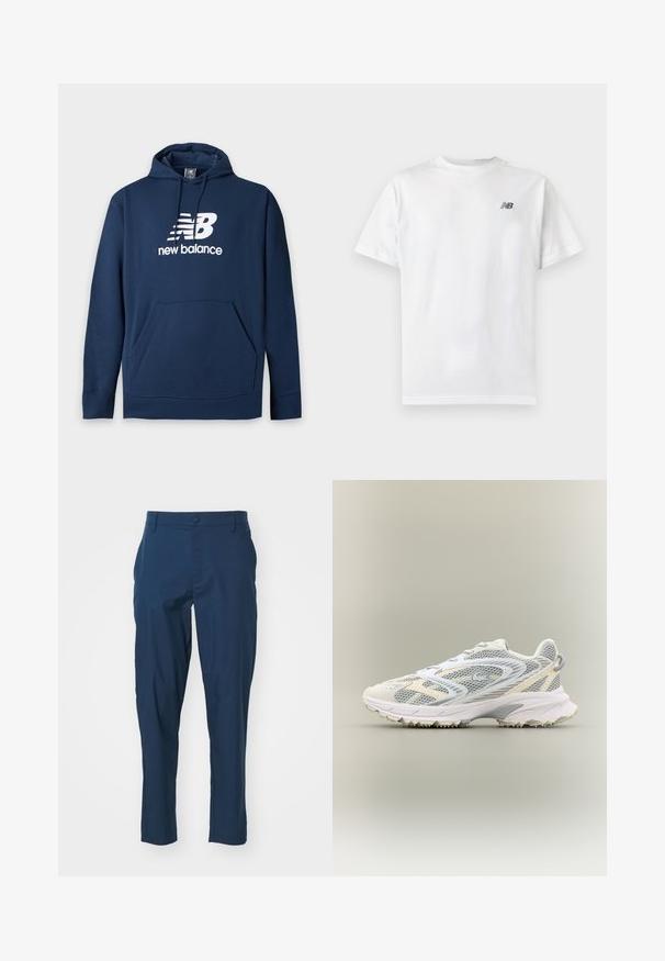 Dunkelblauer Hoodie mit Fronttasche und weißem New Balance-Logo und Text auf der Brust, mit verstellbarem Kordelzug an der Kapuze.; Weißes T-Shirt mit kurzen Ärmeln und Rundhalsausschnitt mit kleinem schwarzem New Balance-Logo auf der oberen linken Brust auf einem einfarbigen hellen Hintergrund.; Marineblaue Hose aus glattem Stoff, körpernahe Passform, mit Fronttaschen und einem knöpfbaren Verschluss an der Taille. Keine sichtbaren Muster.; Weißer Sportschuh mit grauen Netzpaneelen, strukturierten Überzügen, einem gepolsterten Kragen und einer Gummisohle mit kleinen Traktionsspikes.