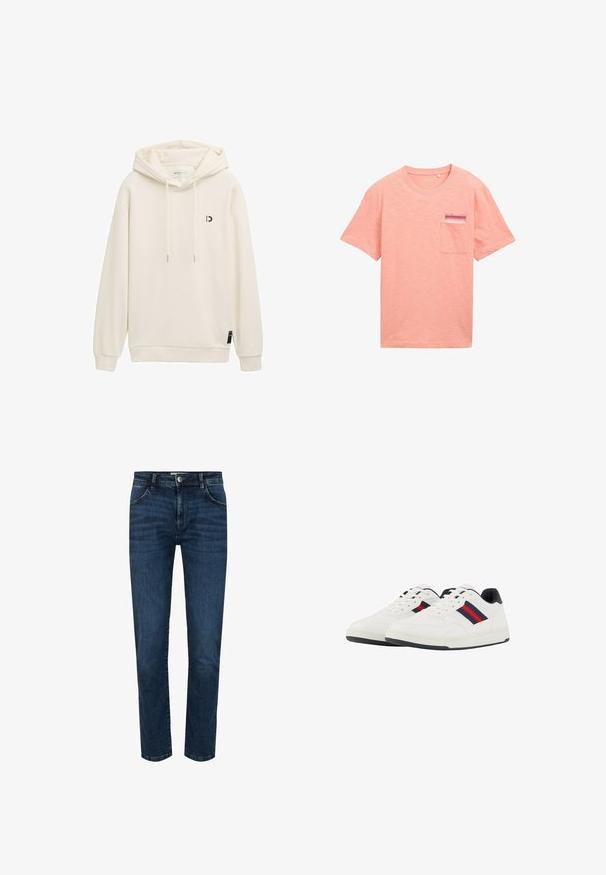 Cremfarbener Hoodie mit Kordelzug, gerippten Bündchen und Saum. Verfügt über ein kleines schwarzes Logo auf der linken Vorderseite. Glatte Textur, Material aus Baumwollmischung.; Hellrosa T-Shirt mit kurzen Ärmeln, rundem Ausschnitt und einer kleinen Tasche auf der linken Brust mit einem teilweisen Logo.; Dunkelblaue Denim-Jeans mit geradem Schnitt, Fünf-Pocket-Design und Druckknopfverschluss. Verstärkte Nähte an den Nähten und ein leichter Verblassungseffekt.; TOM TAILOR Sneaker low - white navy