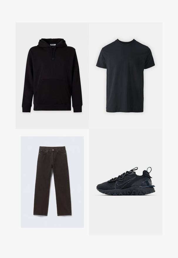 Sort hættetrøje med kængurulomme foran, snoretræk og ribbede manchetter og kant, vist mod en ensartet lys baggrund.; Sort bomulds t-shirt med kortærmer, rund halsudskæring og en afslappet pasform. Glat tekstur og lige kant, ingen synlige grafikker eller mønstre.; Svarte denimjeans med straight-leg design, fem lommer og kobberfarvet syning. Glat tekstur, klassisk knaplukning i taljen.; Sort atletisk sko med en åndbar mesh-overdel, teksturerede detaljer og en bølget gummisål. Har reflekterende logo og snørresystem.