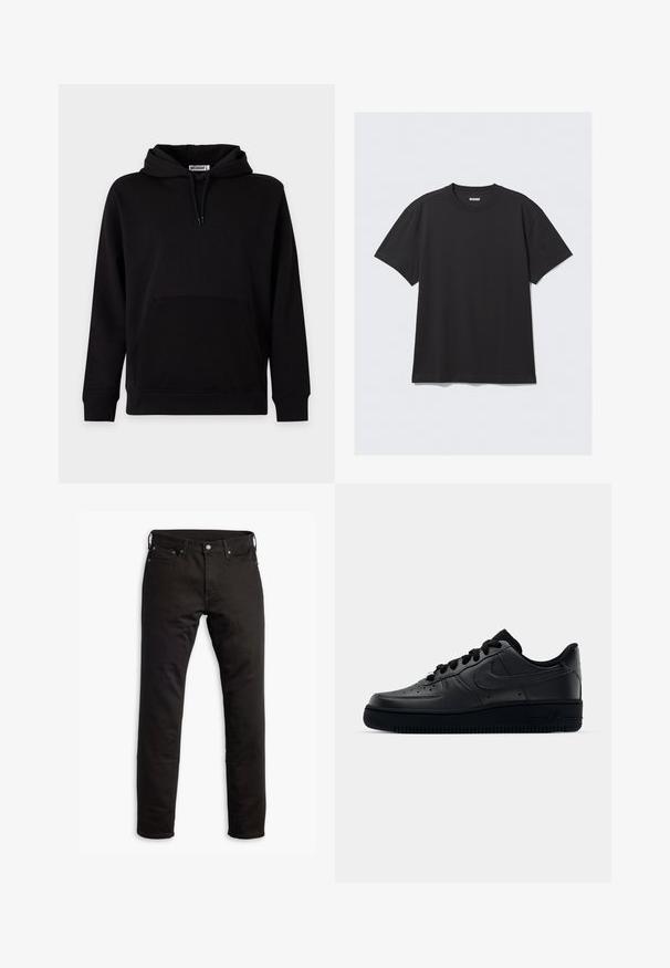 Sweat à capuche noir avec poche kangourou à l’avant, cordons de serrage et poignets et ourlet côtelés, présenté sur un fond clair uni.; T-shirt noir à manches courtes en coton. Il présente un col rond et une coupe décontractée. Design simple sans motifs ni accents visibles.; Jeans en denim noir avec une coupe droite, des poches avant et une fermeture à bouton. Le tissu a une texture lisse et un minimum de détails.; Baskets Nike Air Force 1 noires avec un dessus en cuir lisse, bout perforé pour la respirabilité, lacets noirs et semelle en caoutchouc texturé.