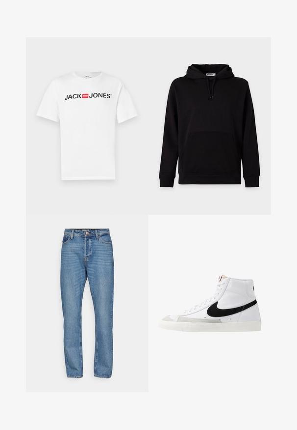Zwarte hoodie met kangoeroezak aan de voorkant, trekkoorden en geribde boorden en zoom, getoond tegen een effen lichte achtergrond.; Witte katoenen T-shirt met een groot zwart "JACK & JONES" logo en een rode doosaccent. Korte mouwen en een klassiek ronde halsontwerp.; Lichtblauwe denim jeans met een recht gesneden ontwerp, voorzien van een knoopsluiting, vijf zakken en subtiele vervagingdetails.; Witte hoge sneakers met een zwarte swoosh, textuur grijze neus en een vlakke witte zool. Kenmerkt zes veteropeningen en gestikte accenten.
