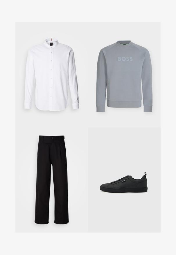 Lysegrå crewneck sweatshirt med lange ærmer og præget "BOSS" tekst på brystet, ribbet elastik ved ærmer og talje.; Hvid langærmet skjorte med bandkrave, knaplukning fortil og rund kant. Lavet af bomuld, med en glat struktur og subtil glans.; Sorte bukser lavet af glat stof, med lige ben, frontfolder og en enkelt knaplukning i taljen.; Sort lavtop sneakers med snørelukning, flad sål og lille "HUGO"-mærke på siden, vist i profil mod en lys baggrund.