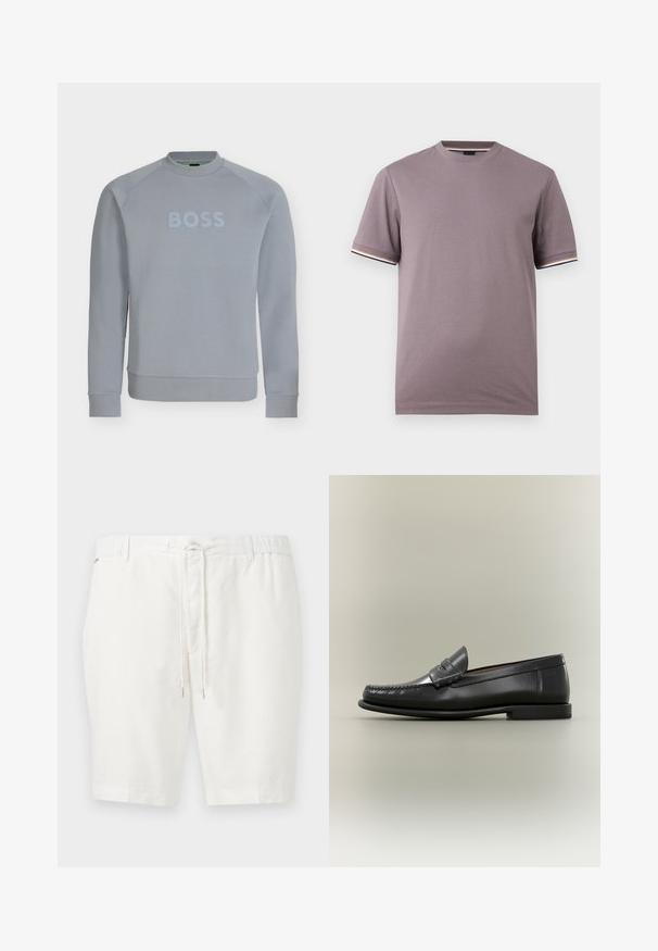 Sweat-shirt gris clair à col rond avec manches longues et texte embossé "BOSS" sur la poitrine, poignets et taille côtelés.; T-shirt manches courtes violet mat à col rond avec bordures rayées contrastées aux poignets et à l'encolure.; Shorts blancs arrivant aux genoux avec taille élastique et cordon de serrage à l'avant, devant plat et passants pour ceinture.; Mocassin pour homme en cuir noir avec un design moc-toe, une lanière à monnaie et un talon bas sur un fond neutre.