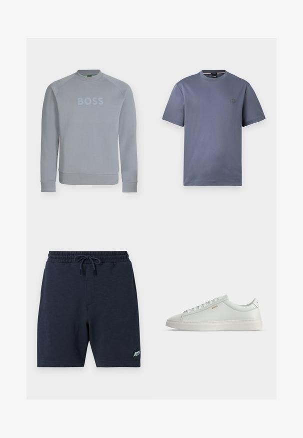 Sweat-shirt gris clair à col rond avec manches longues et texte embossé "BOSS" sur la poitrine, poignets et taille côtelés.; T-shirt bleu-gris uni à manches courtes, col rond et petit logo circulaire sur le côté gauche de la poitrine.; Short bleu marine pour homme avec taille élastique et cordon, avec petit logo "BOSS" sur la partie inférieure de la jambe gauche.; Baskets basses blanches en cuir avec lacets, semelle plate et petit logo doré "BOSS" sur le côté, vues de l'extérieur.