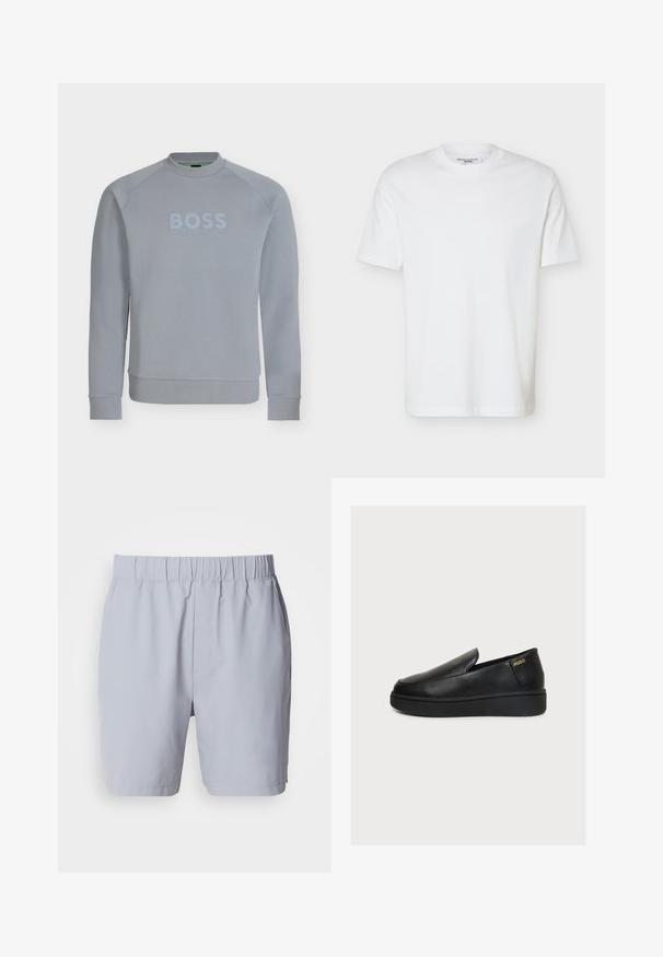 Sweat-shirt gris clair à col rond avec manches longues et texte embossé "BOSS" sur la poitrine, poignets et taille côtelés.; T-shirt blanc uni à manches courtes et col rond avec une étiquette indiquant "Marc O’Polo DENIM" à l'intérieur du col.; Shorts de bain gris clair avec une taille élastique, deux poches latérales et un tissu lisse et léger. Aucuns motifs ou embellissements visibles.; Chaussure plateforme noire en cuir à enfiler, avec une semelle épaisse et un petit logo doré "HUGO" près du talon sur un fond clair uni.