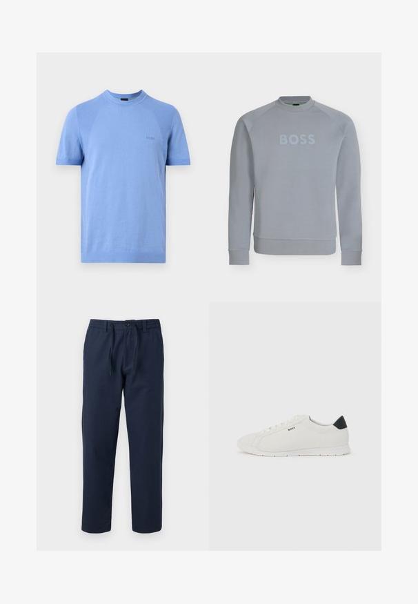 Sweat-shirt gris clair à col rond avec manches longues et texte embossé "BOSS" sur la poitrine, poignets et taille côtelés.; Chemise en maille bleu clair à manches courtes avec col rond et logo subtil "BOSS" sur la poitrine, présentée sur un fond uni.; Pantalon bleu marine droit avec taille élastique, fermeture par bouton et cordon à l'avant, adapté pour un usage décontracté.; Baskets blanches basses avec languette de talon noire, lacets blancs et logo "BOSS" sur le côté, présentées sur un fond clair uni.
