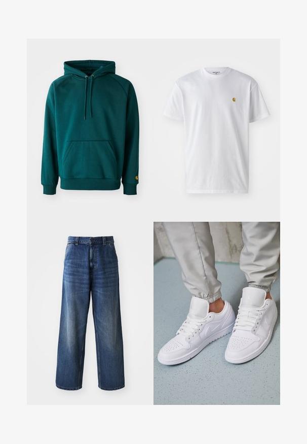 Teal hoodie med kengurulomme, snore og ribbede manchetter. Blødt stof med en glat tekstur, der har et logo-ryw på ærmet.; Hvid bomulds t-shirt med korte ærmer, rund hals og et lille guld logo på venstre brystområde. Blød tekstur og almindelig pasform.; Højtaljede blå denimjeans med vid benvidde, der har subtil falming, forlommer og en knaplukning i taljen.; Hvide lædersneakers har en perforeret tåboks, flade snørebånd, polstret krave og Jordan-logoet på tungen. Båret med grå joggers.