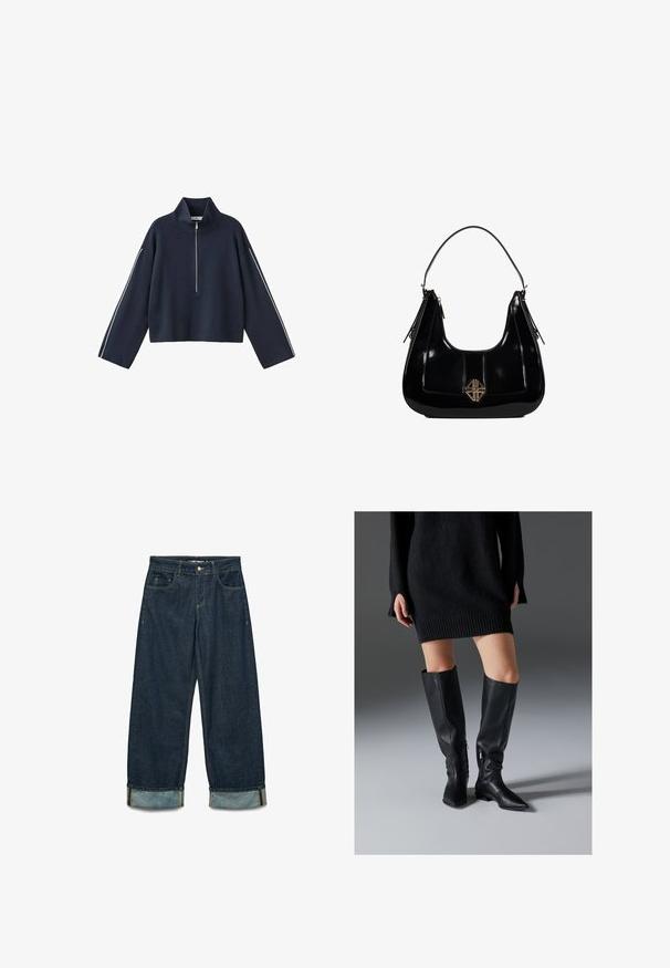 Marineblauwe trui met een hoge kraag, ritssluiting en lange mouwen. Heeft witte bies langs de mouwen en een cropped ontwerp. Zachte textuur.; Donkerblauwe denimbroek met een losse pasvorm, voorzien van opgerolde broekspijpen, vijf zakken en contrasterende stiksels.; Zwarte leren laarzen tot boven de knie met puntige neuzen, platte zolen en ritsen aan de zijkant. Heeft een gladde textuur en een strakke ontwerp zonder versieringen.; 4US Handtas - black