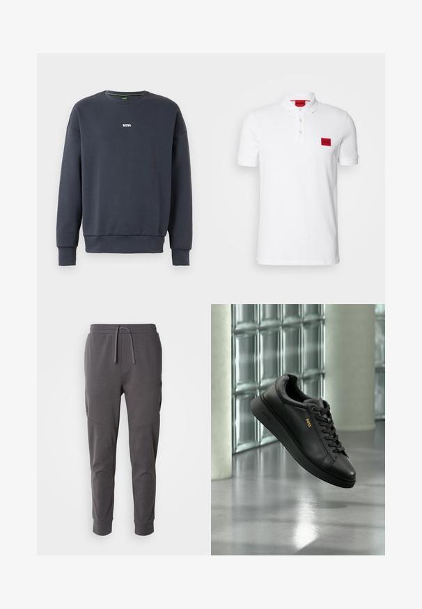 Tumedat sinine sweatshirt pehmest kangast, ümmarguse kaelusega, pikkade varrukatega ja väikese valge "BOSS" logoga rinnal.; Valge puuvillane polo särk, millel on kolme nupuga nööpauk, lühikesed varrukad ja vasakul rinnal punane ristkülikukujuline logo silti.; Hallid hallid jooksupüksid, mis on valmistatud pehmest kangast, paelaga vöökohal, küljetaskudega ja kitseneva säärekujuga.; Mustast nahast madala säärega tennised, paeltega, kuldse "BOSS" logoga küljel, näidatud hõljuvana siseruumides klaasploki ja betooni taustal.