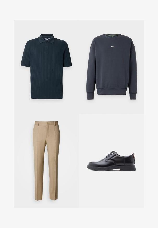 Navy blue collegepaita, joka on valmistettu pehmeästä kankaasta. Se sisältää pyöreän kaula-aukon, pitkät hihat ja pienen valkoisen "BOSS"-logon rinnassa.; Laivastonsininen lyhythihainen poolopaita, jossa on ribbineulostekstuuri, kauluksellinen pääntie ja kolmen napin kiinnitys.; Beiget räätälöidyt housut tekstuurillisesta kankaasta, litteä edusta ja suorat lahkeet. Varustettu sivutaskuilla ja vyölenkeillä, tarjoten huolitellun ilmeen.; Mustat nahkaiset nauhalliset kengät, joissa on sileä pinta, pyöreä kärki ja hienovarainen ompeludetaili. Takana on punainen vetolenkki.