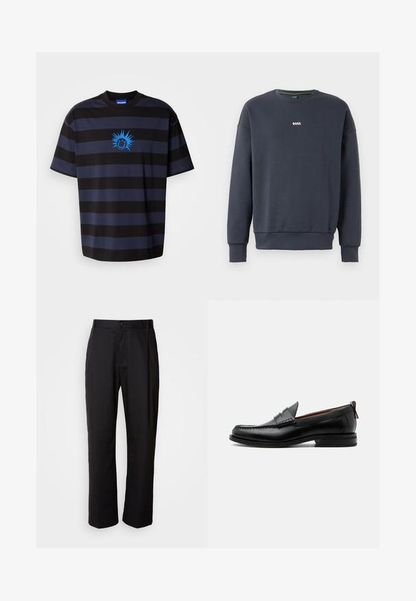 Navyblaues Sweatshirt aus weichem Stoff, mit Rundhalsausschnitt, langen Ärmeln und einem kleinen weißen "BOSS"-Logo auf der Brust.; Schwarz-blau gestreiftes T-Shirt mit Rundhalsausschnitt. Besitzt ein blaues Smiley-Gesicht mit stacheligen Akzenten. Hergestellt aus weichem Stoff.; Schwarze Hosen mit geradem Schnitt, aus leichtem Stoff gefertigt. Verfügt über einen vorderen Knopfverschluss und zwei seitliche Taschen; glatte Textur.; Schwarzer Leder-Herrenschuh mit Mokassinnaht, Penny-Riemen, strukturiertem Kragen und niedrigem gestapeltem Absatz auf weißem Hintergrund.