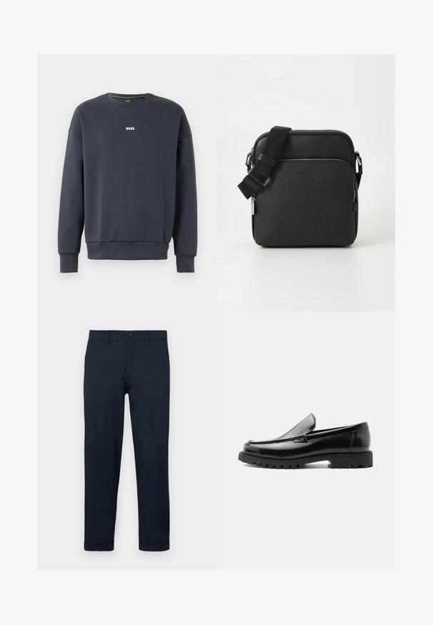 Tumedat sinine sweatshirt pehmest kangast, ümmarguse kaelusega, pikkade varrukatega ja väikese valge "BOSS" logoga rinnal.; Tumed sinised puuvillased püksid sirge lõikega, nööbikinnitusega, ees taskutega ja keeratud säärega, tagamaks korraliku viimistluse.; Mustast nahast loafers, millel on robustne kummist tald, õmmeldud pealne ja reljeefsete tähtedega brändinimi kannal, külgvaates valgel taustal.; Musta nahkne ristiõla kott tekstureeritud pinnaga, millel on esiküljel lukuga tasku, reguleeritav rihm ja metallist aksessuaarid.