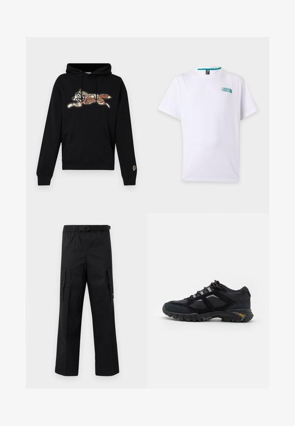 Sort hættetrøje med en kængurulomme, der har en tegneseriefigur af en ræv i camouflage mønster på brystet og en lille isvaffel-lap på venstre ærme.; Hvid t-shirt med korte ærmer, med lille turkis The North Face-logo på venstre bryst og rund halsudskæring.; Sorte cargo-bukser med bred ben-design, justerbar talje med spænde og to sidelommer til opbevaring. Letvægtsstof.; Sort udendørs sko lavet af ruskind og mesh med en robust sål. Har grå accenter og Vibram-branding på siden. Snøredesign.