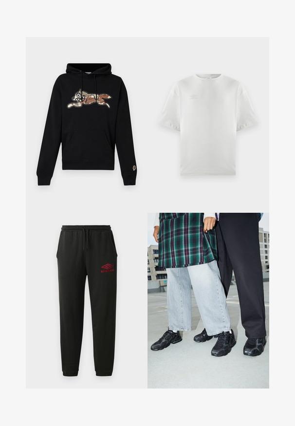 Sudadera negra con capucha y bolsillo canguro, con un dibujo de zorro de dibujos animados con patrón de camuflaje en el pecho y un pequeño parche de helado en la manga izquierda.; Camiseta de algodón blanca con mangas cortas, cuello redondo y un logo sutil impreso en gris claro en el pecho; textura suave y corte relajado.; Pantalones de chándal negros con cintura y puños elásticos, bolsillos laterales y logo rojo de Umbro en el muslo izquierdo.; Zapatillas deportivas negras con acentos de malla y goma. Combinadas con jeans de pierna ancha de color gris claro y una blusa de cuadros verdes. Fondo de superficie plana.