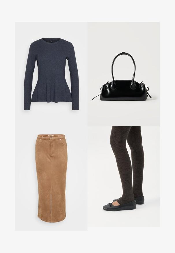 Mørkegrå langærmet strikket sweater med rund halsudskæring og en subtil flæse nederst.; En brun, ruskind midi-nederdel med en frontslids, der har en talje, bæltesløjfer og subtile syninger for ekstra tekstur.; Ben iført mørke ribbede leggings kombineret med sorte balletsko med små sløjfedetaljer på hvid baggrund.; Lille sort blank håndtaske med to lange håndtag og snøre-detaljer i siden på en ensfarvet lys baggrund.