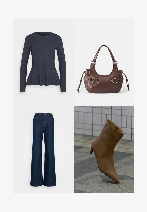 Pull en tricot gris foncé à manches longues, avec un col rond et un ourlet peplum légèrement évasé.; Jeans larges bleu foncé en denim avec un design classique à cinq poches, des coutures renforcées et un accent en métal circulaire sur la ceinture.; Bottine en daim marron avec un bout pointu, fermeture éclair et talon stiletto bas, présentée sur un fond texturé.; Sac à main en cuir marron de forme arrondie, avec quincaillerie argentée, deux anses latérales et une texture lisse. Dispose d'une seule poignée supérieure.