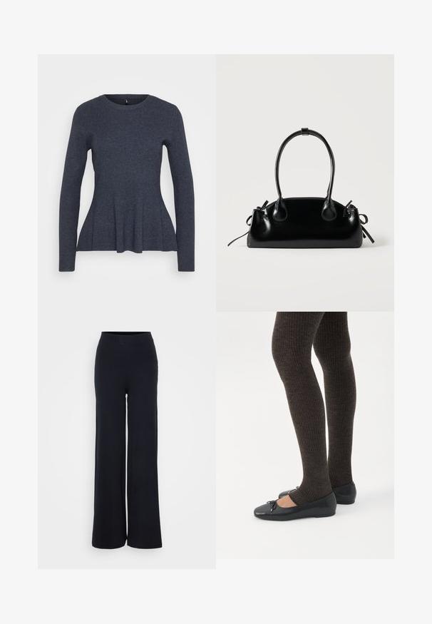 Mørkegrå langærmet strikket sweater med rund halsudskæring og en subtil flæse nederst.; Sorte ribbede bukser med bred benvidde, struktureret finish og elastisk talje, som har en afslappet pasform og ingen synlig hardware.; Ben iført mørke ribbede leggings kombineret med sorte balletsko med små sløjfedetaljer på hvid baggrund.; Lille sort blank håndtaske med to lange håndtag og snøre-detaljer i siden på en ensfarvet lys baggrund.