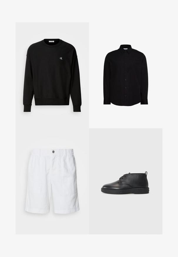 Sweatshirt noir en mélange de coton, doté d'un col rond, de poignets tombants et d'un petit logo 'CK' blanc sur la poitrine.; Chemise noire à manches longues avec boutons, fabriquée en tissu lisse. Elle présente un col classique, une patte de boutonnage à l'avant, et un petit logo sur la poitrine.; Shorts en lin blancs avec une taille élastique et un bouton en métal. Comprend deux poches latérales et un design à coupe décontractée.; Bottines noires en cuir avec une texture lisse, bout rond et semelle en caoutchouc noir. Comprend un laçage et un tirant à l'arrière pour un enfilage facile.