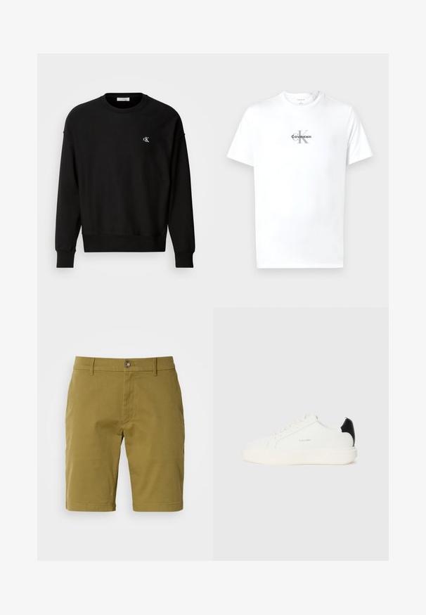 Zwarte sweatshirt van een katoenmix, met een ronde halslijn, drop schouders en een klein wit 'CK' logo op de borst.; Witte T-shirt met korte mouwen en ronde hals, met het "cK Calvin Klein" logo in zwart en grijs gecentreerd op de borst.; Olijf groene shorts van een katoenmix, met een sluiting met knoop aan de voorkant, riemlussen en zijzakken. Soepele textuur, getailleerde pasvorm.; Witte leren sneaker met een zwarte accent op de hak, met een ronde neus, platte veters en een dikke witte zool. Calvin Klein-logo weergegeven.