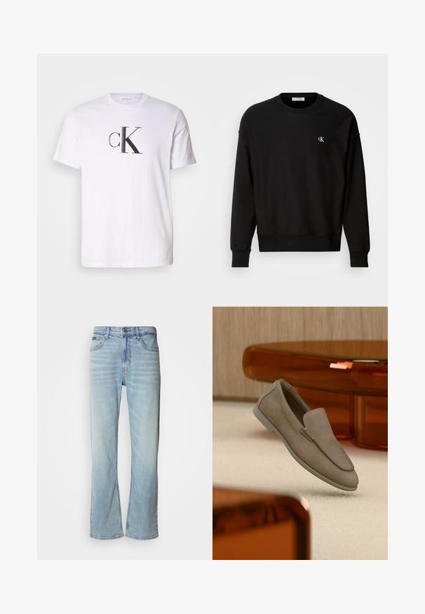 Schwarzer Pullover aus Baumwollmischung, mit Rundhalsausschnitt, überschnittenen Schultern und kleinem weißen 'CK'-Logo auf der Brust.; Weißes Baumwoll-T-Shirt mit einem auffälligen schwarzen 'cK'-Logo in fetter Schrift auf der Vorderseite. Kurze Ärmel mit einem klassischen Rundhalsausschnitt.; Hellblaue Jeans aus Denim mit geradem Bein, ausgestattet mit fünf Taschen, einem Knopfverschluss und subtilen Verwaschungen im Stoff.; Beiger Wildleder-Slipper mit sichtbarer Naht und heller Sohle, auf einem cremefarbenen Teppich platziert, mit orange-transparenten Möbeln im Hintergrund.