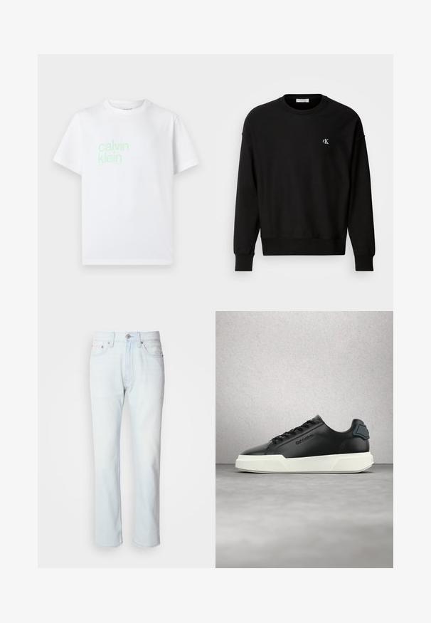 Sort sweatshirt lavet af bomuldsblanding, med rund hals, drop-skulder og et lille hvidt 'CK' logo på brystet.; Hvid bomulds t-shirt med korte ærmer. Har et lysegrønt "calvin klein" logo trykt foran. Standard crew neck design.; Lyseblå denimjeans med lige ben. Har en knaplukning og bæltestropper, viser en falmet tekstur og minimal syning.; Sort lædersneaker med hvid sål, sorte snørebånd og præget mærke, vist flydende over en grå gulv med glasblokvæg i baggrunden.