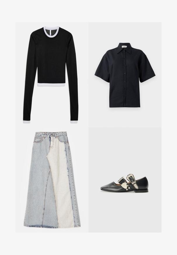 Zwart cropped top met lange mouwen, voorzien van een witte geribbelde kraag en manchetten, gemaakt van een gladde stof. Heeft een ronde halslijn en een slanke pasvorm.; Zwarte geknoopte overhemd met korte mouwen, voorzien van een gestreept patroon, een gespreide kraag en een knoopsluiting aan de voorkant. Gladde textuur, ontspannen pasvorm.; Denim rok met een patchworkontwerp bestaande uit lichte en middelblauwe secties, rafelige zomen en een hoge taille. Klassiek vijf-pocket model.; Zwarte leren platte schoen met een puntige neus, zilveren gespsaccenten en decoratieve nagels. Beschikt over een lage hak en een soepele textuur.