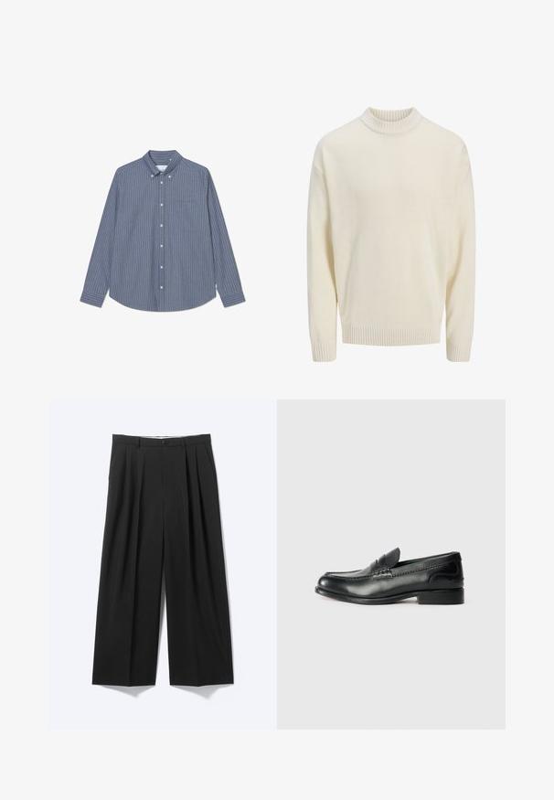 Hvid strikket sweater med en ribbet rund halsudskæring og ribbede ærmekanter. Stofmaterialet har en glat tekstur og en afslappet pasform.; Button-up skjorte i blå og grå lodrette striber, lange ærmer, krave, enkelt brystlomme, lavet af blødt stof med en glat tekstur.; Sorte bukser med vide ben, forplisser, bæltestropper og knaplukning vist på en ensartet lys baggrund.; Sorte læder loafers med en glat overflade, syede detaljer over vamps og en let hævet hæl.