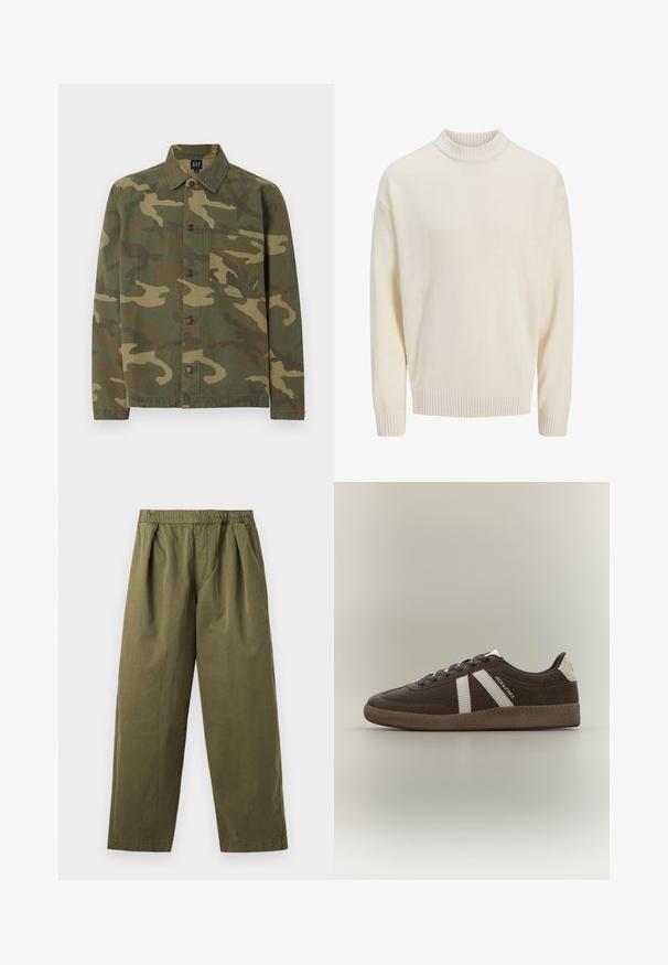 Pull en tricot blanc avec un col rond côtelé et des poignets côtelés. Le tissu a une texture lisse et une coupe décontractée.; Chemise à manches longues boutonnée avec motif camouflage vert et marron et une poche poitrine, présentée à plat sur fond blanc.; Pantalon large vert olive avec une taille élastique et des plis sur le devant, présenté sur un fond clair.; Basket en daim marron avec des bandes blanches, un renfort de talon blanc, une semelle gomme et le texte "JACK & JONES" sur le côté, présentée de profil sur un fond uni.