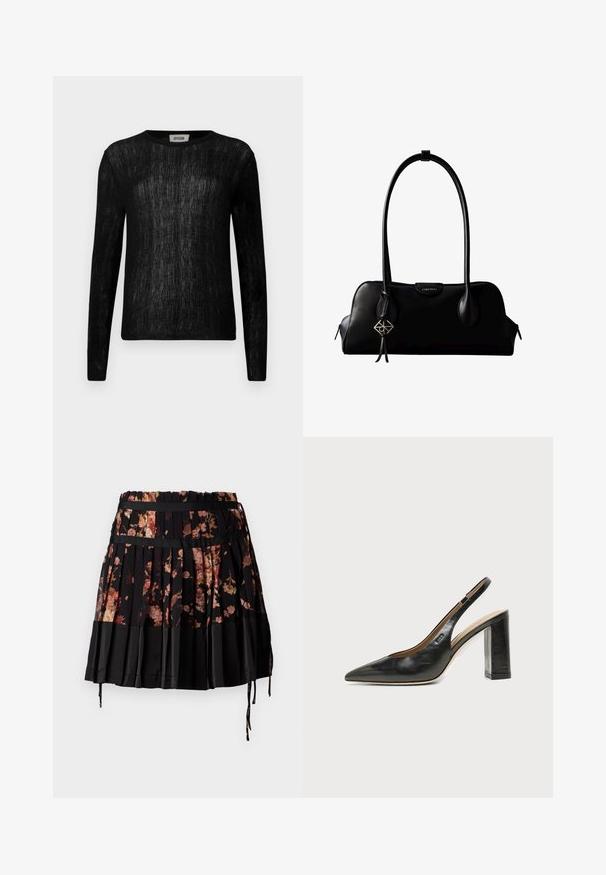 Top negro de manga larga con un patrón de punto texturizado, cuello redondo y silueta ajustada. Material suave con un aspecto semitranslúcido.; Falda plisada negra con diseño floral en tonos de rosa y naranja, con una cinturilla ancha y cordones ajustables en el dobladillo.; Zapato slingback de piel negra con puntera puntiaguda, tacón alto y ancho, y forro interior beige sobre un fondo claro y liso.; Bolso de mano negro de cuero Calvin Klein con asas largas, una etiqueta con el logo frontal y un colgante geométrico plateado que cuelga de una de las asas.