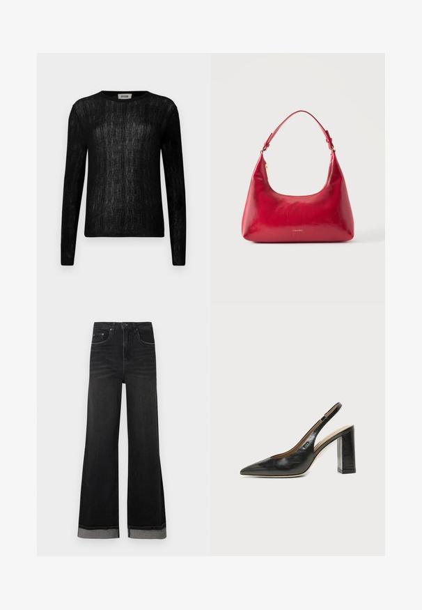 Haut noir à manches longues avec un motif tricoté texturé, encolure ronde et silhouette ajustée. Matière douce avec une apparence semi-transparent.; Jean en denim noir flare à taille haute, avec cinq poches et une couture contrastante. Les ourlets sont repliés avec un détail gris.; Chaussure slingback en cuir noir à bout pointu avec un talon bloc haut et une doublure intérieure beige sur un fond clair uni.; Sac à épaule en cuir rouge avec fermeture éclair dorée et sangle réglable, logo Calvin Klein centré à l'avant.